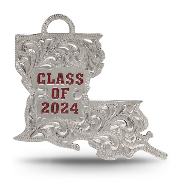 LOUISIANA TASSEL CHARM, Louisiana Graduation Cap Tassel Charm. Crafted on a hand engraved German Silver base, detailed with customizable lettering. Add your class, year, and schoo